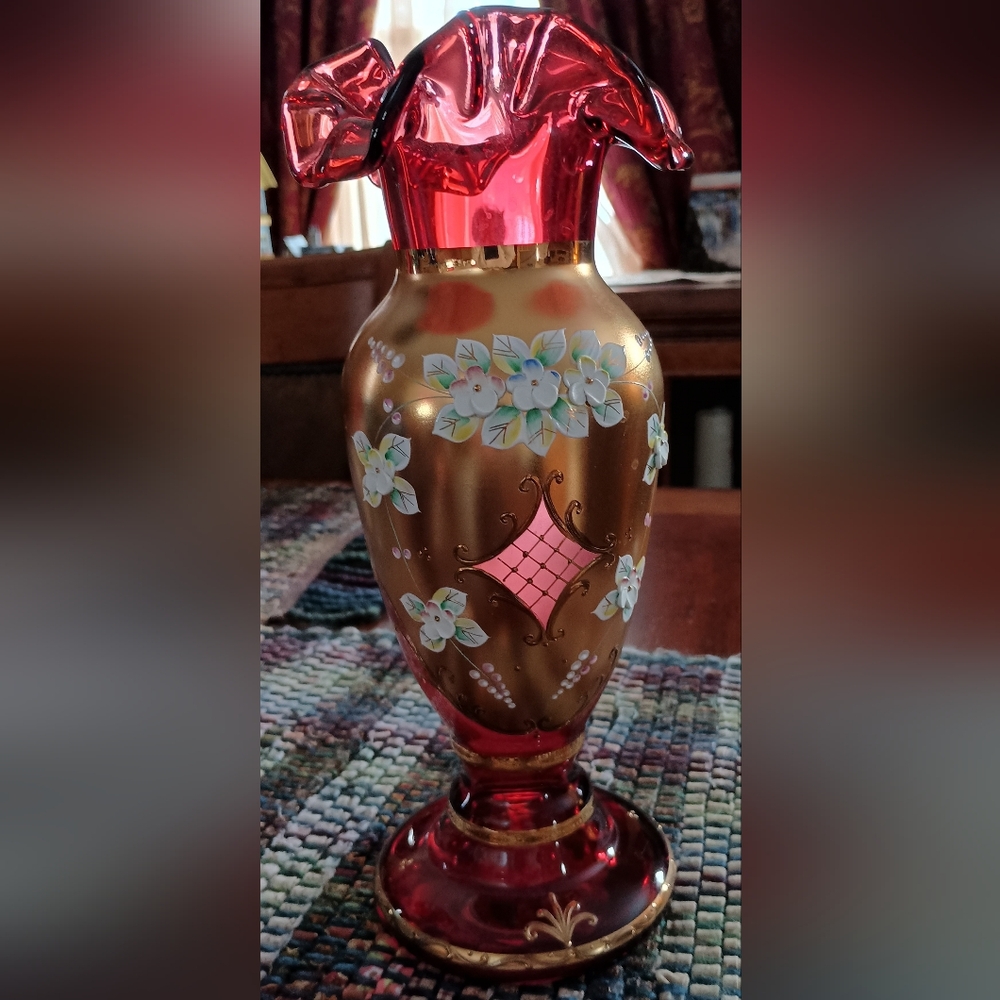 Sale! Bohemian Czech Gold Gilded and Cranberry Red Glass Floral Vase